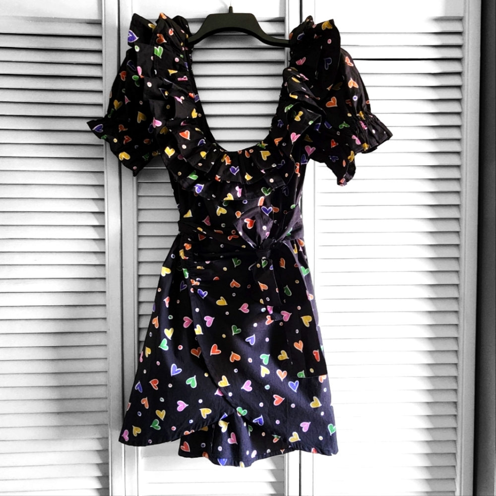 ASOS DESIGN Ruffle Wrap Minidress Black With Colorful Heart Print